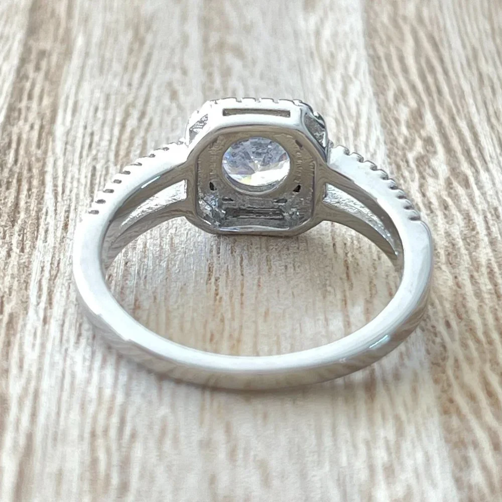 Round White Sapphire Halo Ring w/ Split Shank - 925 Sterling Silver - Picture 3 of 5